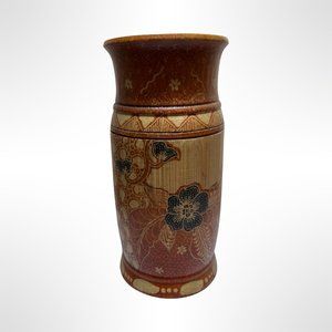 Vtg Indonesian Carved Bamboo Vase Ink Painted Floral & Butterfly